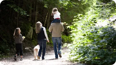Family hiking down a path in the wilderness