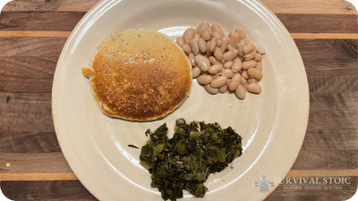 hoe cake, white beans, and turnip greens on a plate