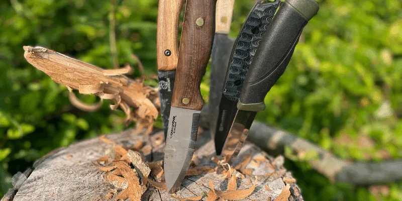 Budget Bushcraft Knives on a stump with a feather stick