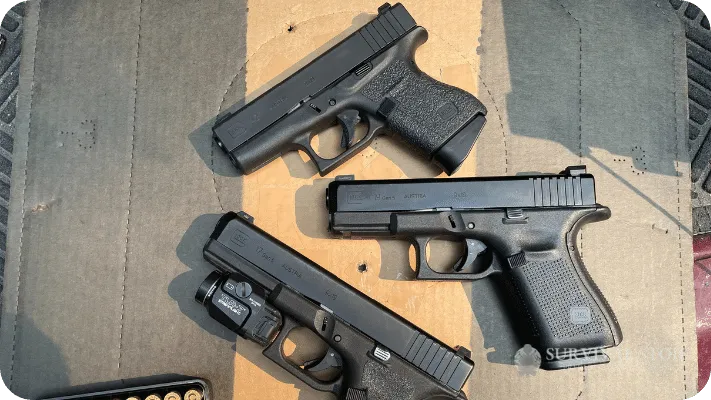 The author comparing the Glock 19 to the Glock 43