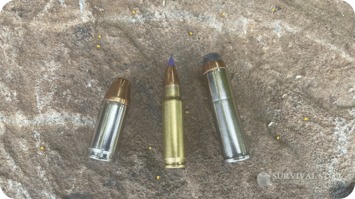 The author's handgun and pistol bullets, 9mm, 57, 357 Magnum
