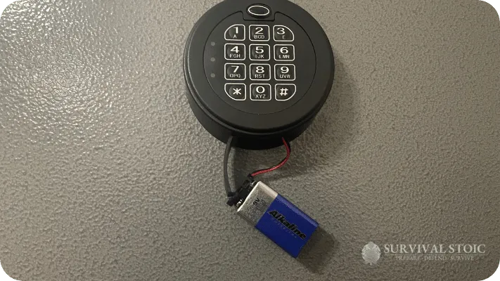 The author's gun safe showing the battery for the electronic lock
