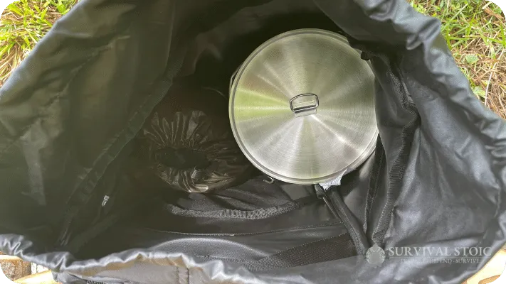 The author's bushcraft backpack looking into the main compartment.