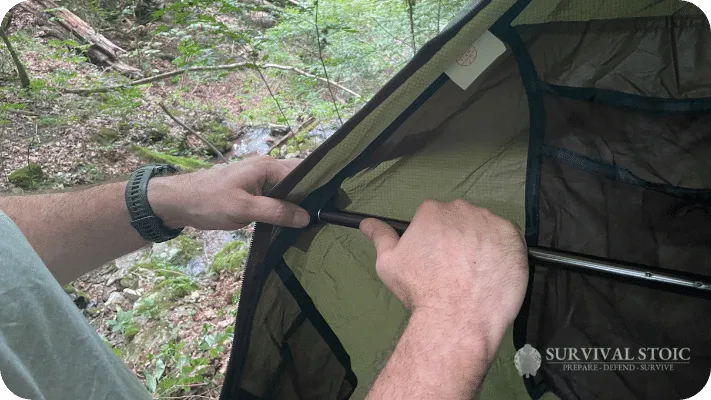 The author setting up the Haven Tent Hammock spreader bars