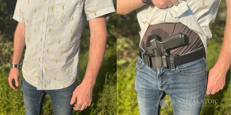 Blake with the Hidden Hybrid Single Clip holster, showing it concealed and not concealed.