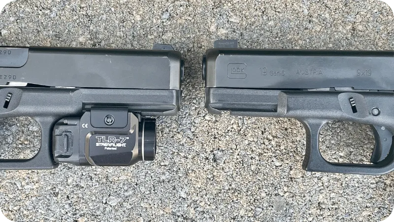 Details of the Glock 17 rail mounted light and a Glock 19