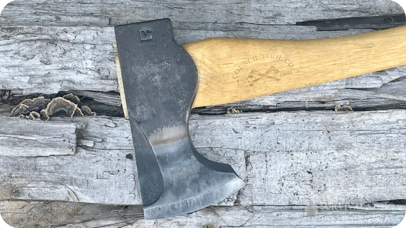 Jason's bushcraft axe showing a closeup of the head