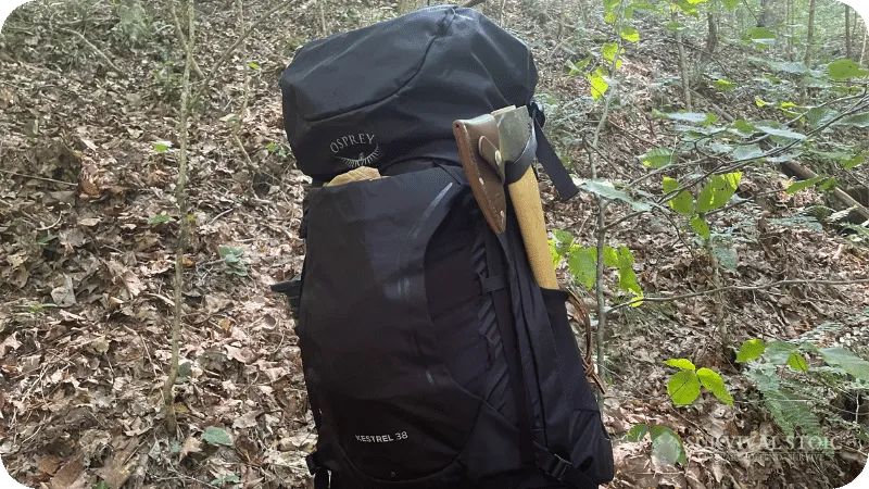 Jason's Bushcraft Backpack and his Bushcraft Axe attached on the side.