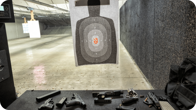 An indoor gun range with a target and concealed carry guns