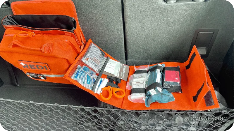 The Redi Roadie Plus trauma kit in Jason's SUV