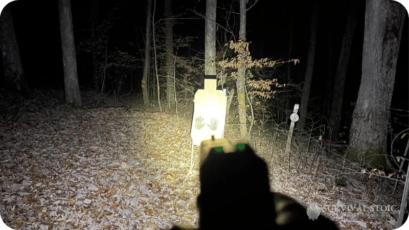 Jason showing iron night sights in the dark with the target illuminated
