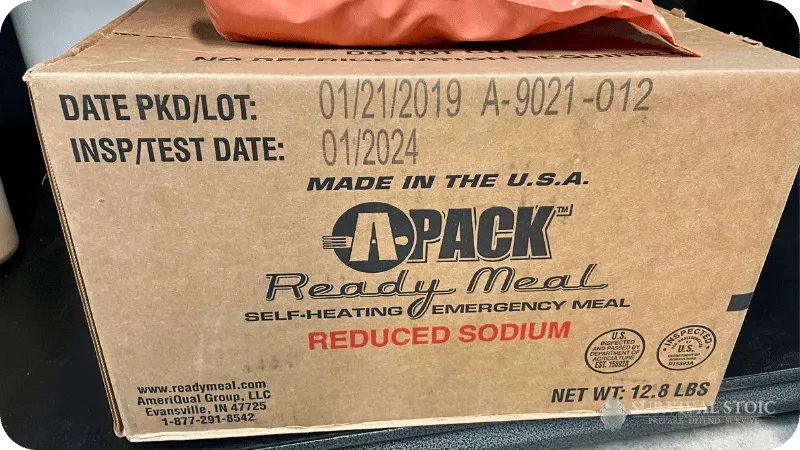Blake's case of MREs showing the expiration date