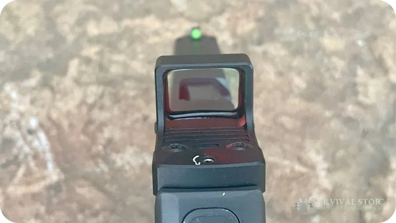 The Primary Arms micro mounted to Jason's handgun, shown from the rear