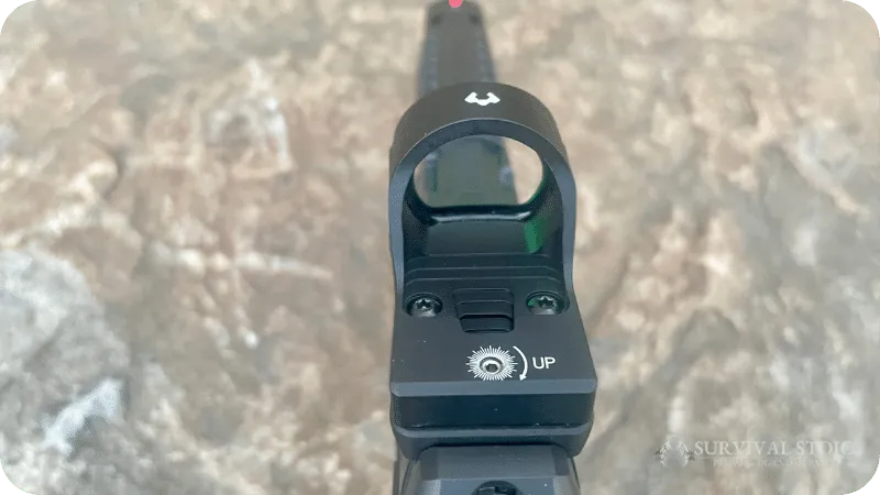 The Viridian RFX35 mounted to Jason's handgun, shown from the top and rear