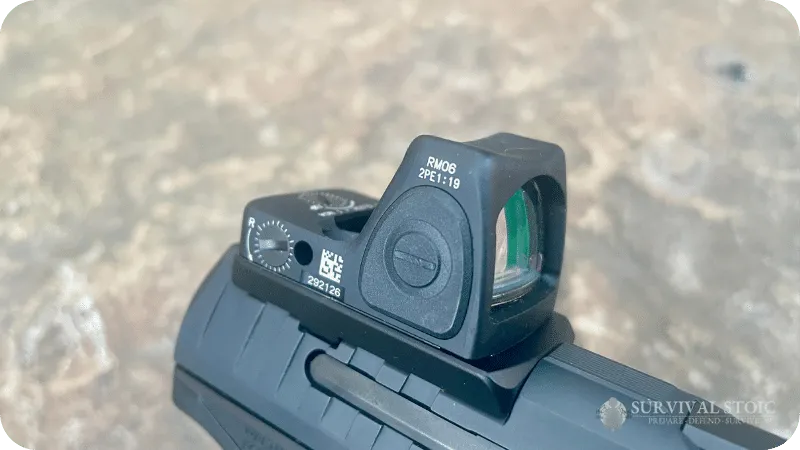 The Trijicon RMR mounted to Jason's handgun, shown from the right